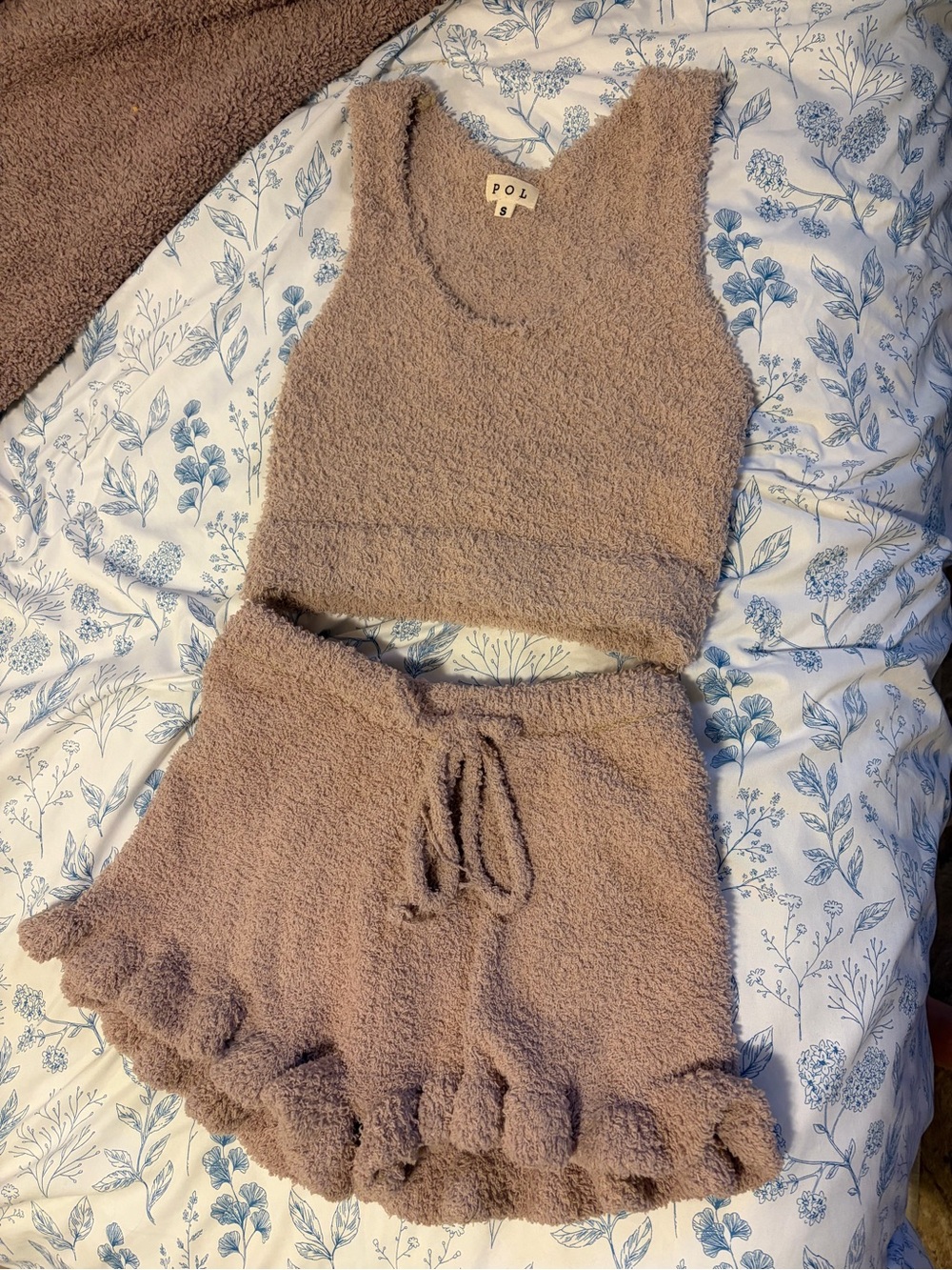 POL Cozy Taupe Fuzzy Crop Tank & Ruffle Hem Shorts Set